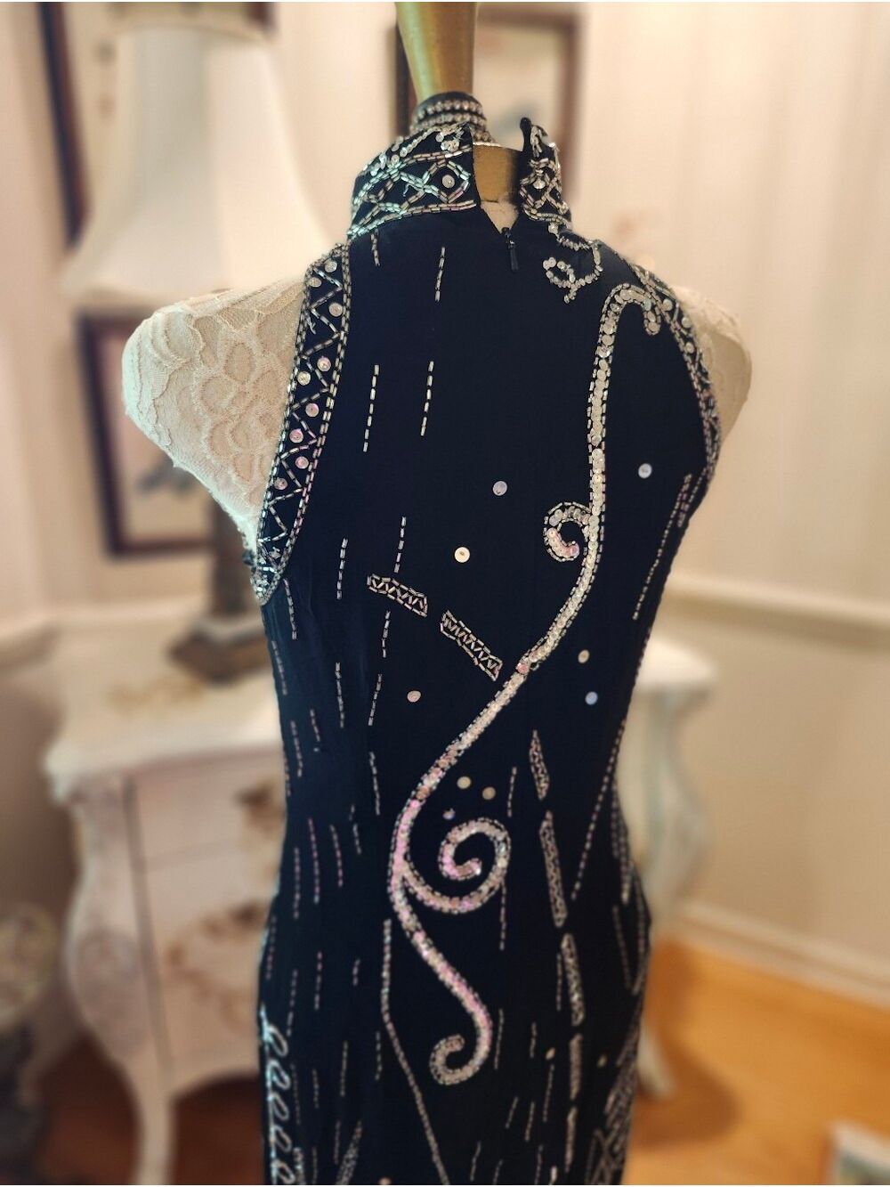 Vintage Lillie Rubin Art Deco Black & Silver Beaded Sequin Evening Dress 6 - Picture 9 of 11